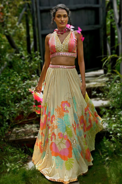 Beige floral printed lehenga set