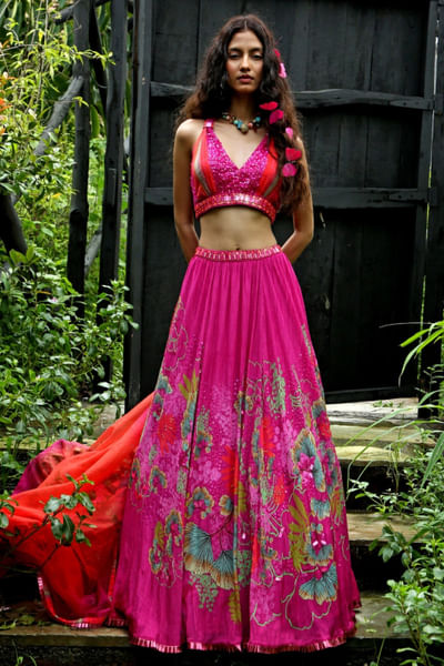 Pink floral printed lehenga set