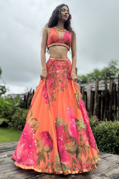 Orange floral printed lehenga set