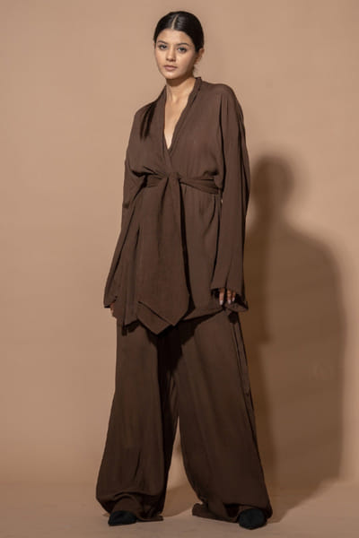 Stoïque Brown crushed cotton flared pants STOJUL26D148908