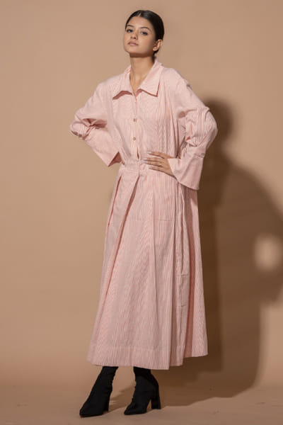 Stoïque Red-ivory handwoven cotton midi shirt dress STOJUL26D148903