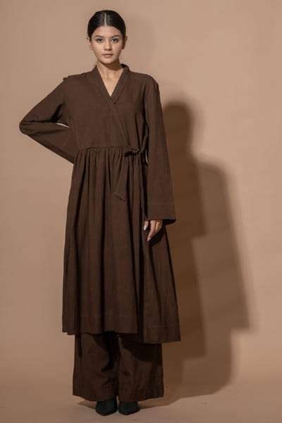 Stoïque Brown cotton gathered side tie-up dress STOJUL26D148913