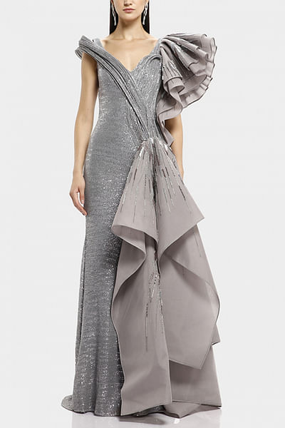 Grey sequin embellished origami gown