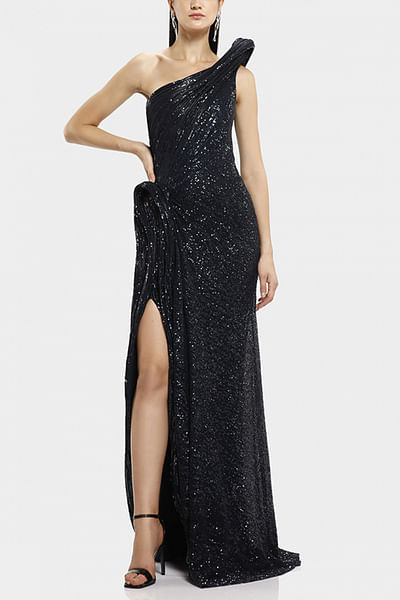 Midnight blue sequin embellished gown