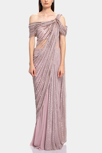 Pink sequin draped sari gown