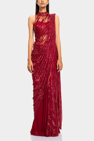 Red sequin embellished sari gown