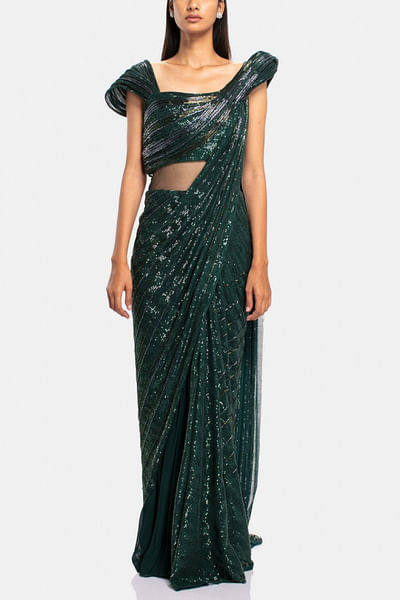 Emerald sequin embellished sari gown