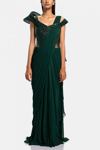 Emerald sequin embellished sari gown