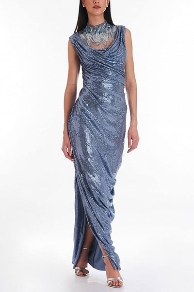 Blue cowl draped gown