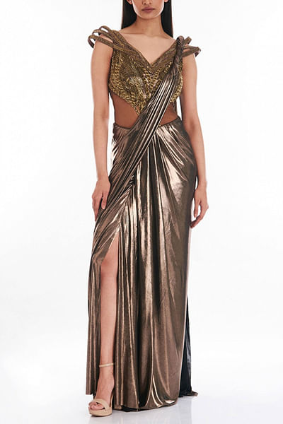 Copper embellished sari gown