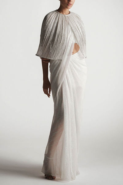 Ivory embellished cape sari gown