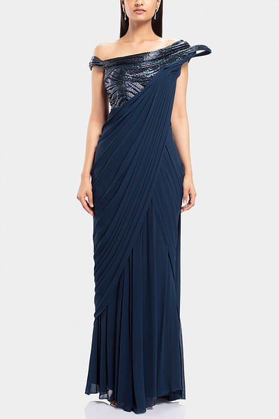 Midnight blue embroidered sari gown