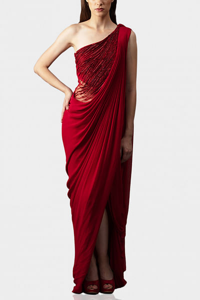 Lava red embellished sari gown