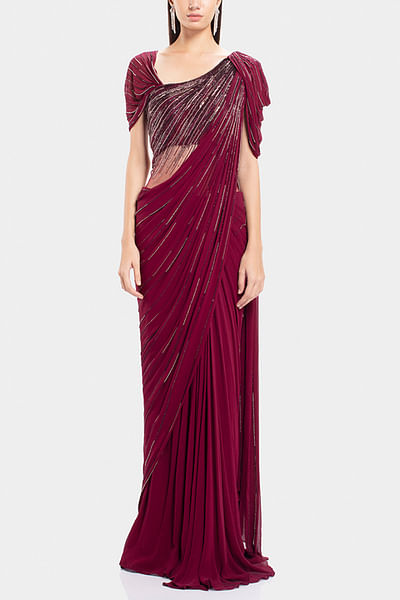 Berry red embellished sari gown