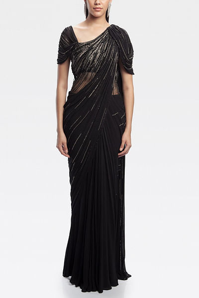 Black pearl embellished sari gown