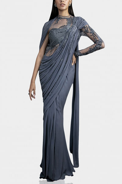 Lava grey embellished sari gown