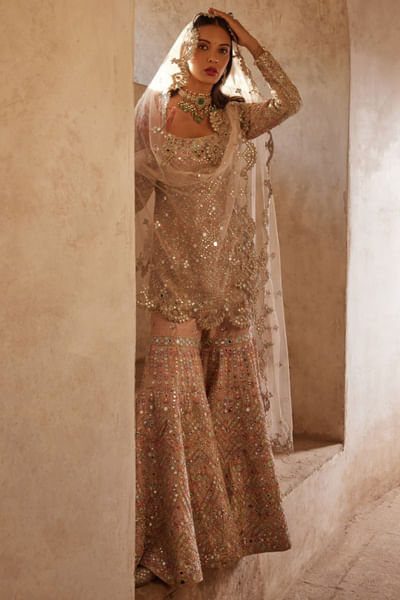 Pink zardozi embroidered gharara set