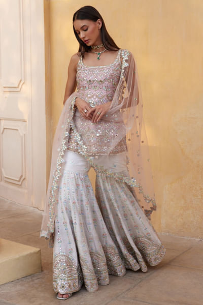 Rose pink and ivory zardozi embroidered gharara set