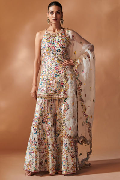 Ivory mirror embroidered sharara set