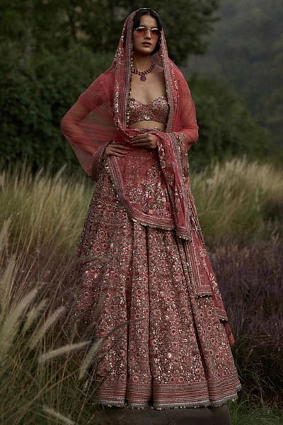 Coral floral embroidered lehenga set