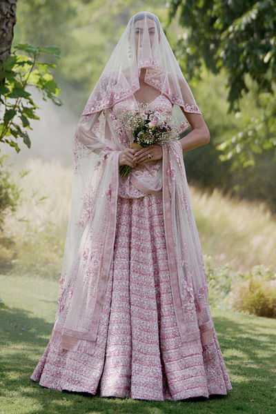 Pink embroidered tweed lehenga set