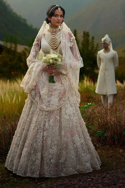 Ivory floral pearl embroidered lehenga set