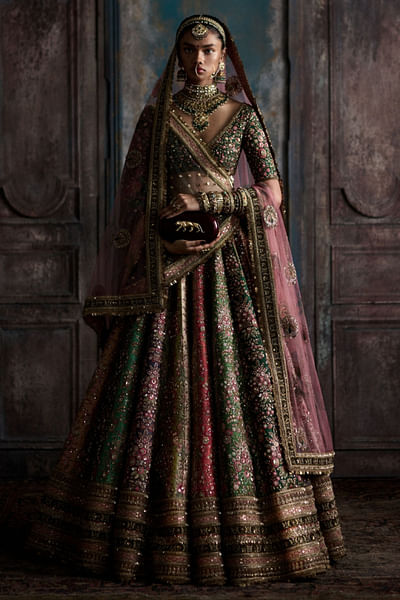 Multicolour embroidered panelled lehenga set