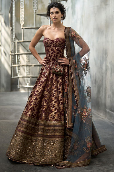 Brown brocade lehenga set