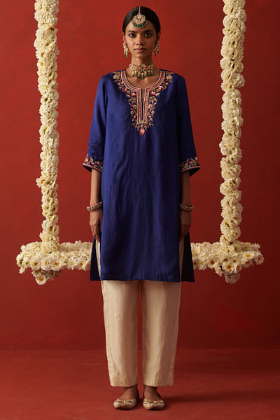 Blue bead embroidered kurta set