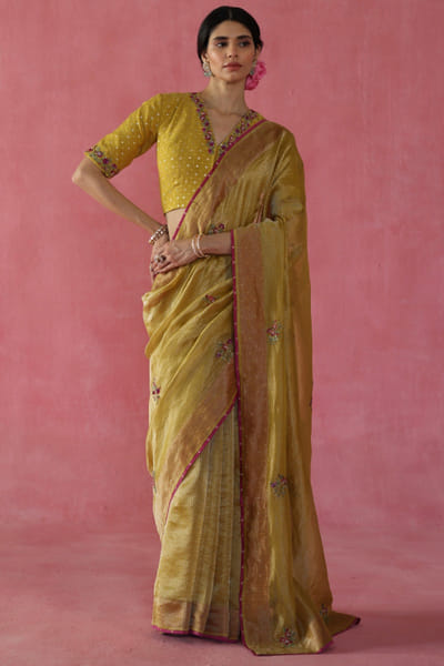 Mustard yellow embroidered zari sari set