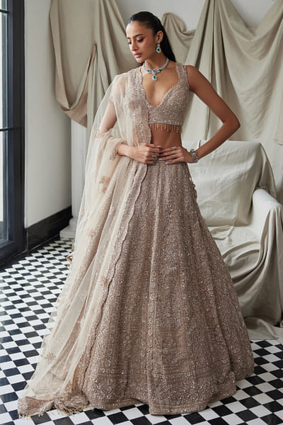 Beige embroidered tissue lehenga set