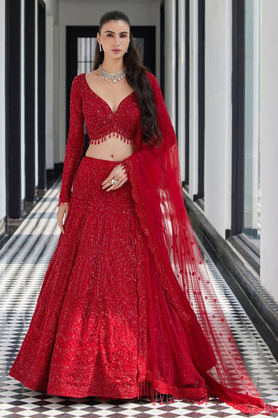 Red embroidered lehenga set