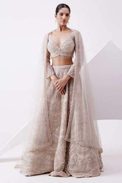 Beige sequin-cutdana embroidered lehenga set