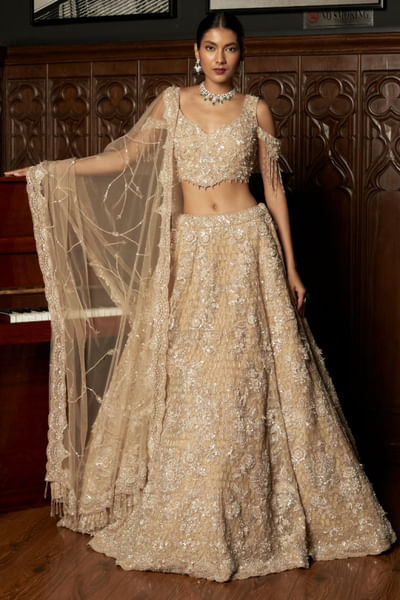 Beige 3D hand embellished lehenga set