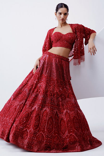 Red embroidered-tasselled jacket lehenga set