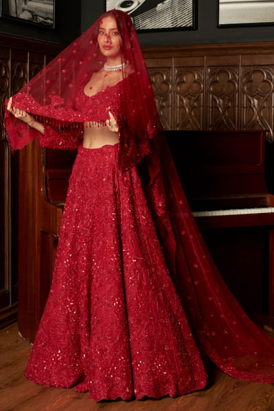 Red sequin-cutdana embroidered lehenga set