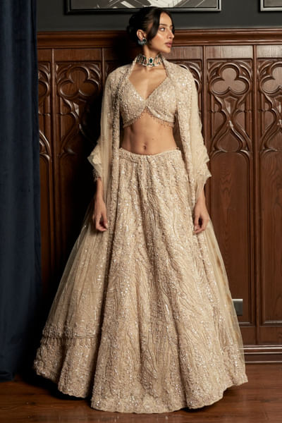 Beige applique embroidered lehenga set