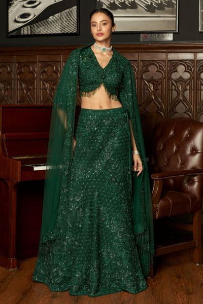 Emerald green embroidered lehenga set