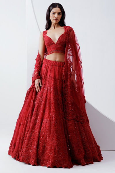 Red tonal sequin-bead embroidered lehenga set