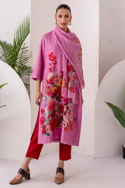 Haute Mess Salmon pink floral printed tunic set HAUTJUL26D150176