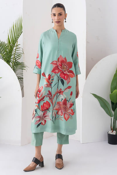 Haute Mess Mint green floral printed tunic set HAUTJUL26D150186