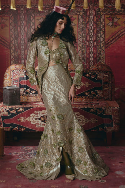 Pearl gold 3D embroidered jacket skirt set