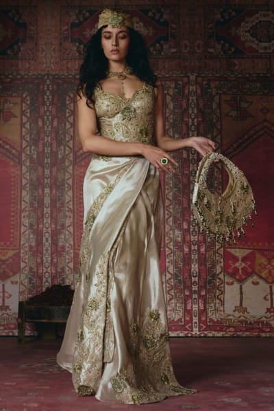 Pearl gold 3D embroidered corset skirt set