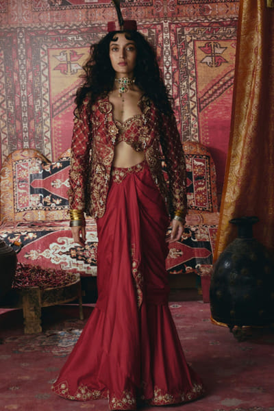 Maroon 3D embroidered jacket skirt set