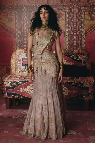 Rose gold 3D embellished drape sari set