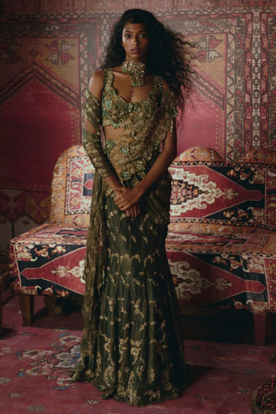 Aditi Gupta Emerald green 3D embroidered drape sari set ADIFEB26D139355