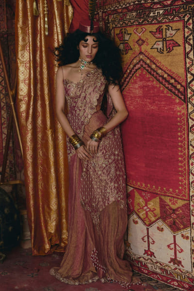 Blush pink 3D embroidered pre draped sari set