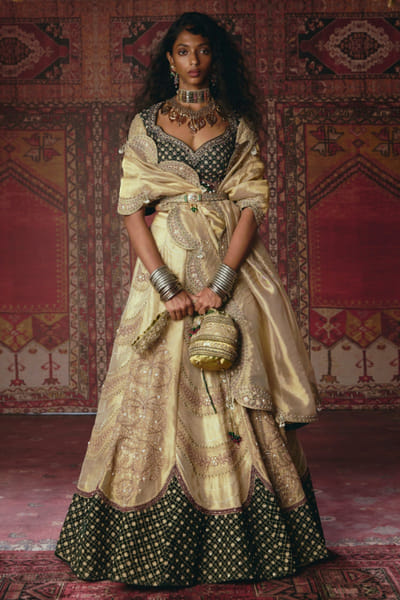 Gold and green sequin embroidered lehenga set