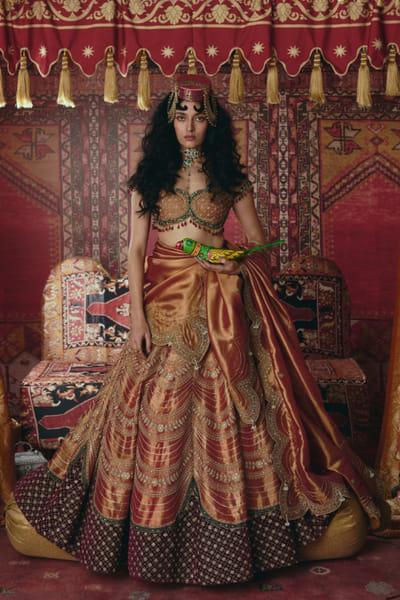 Rust orange and maroon embroidered lehenga set