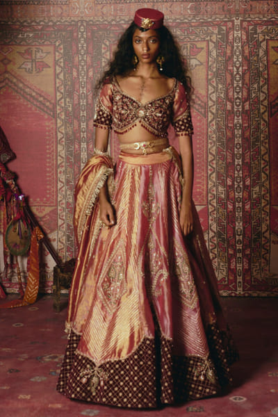 Blush pink and maroon embroidered lehenga set